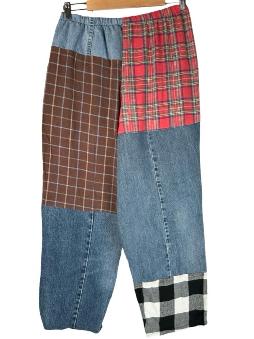 Handmade Patchwork Flannel Denim Baggy Straight Boho Pull-on Pants Size S/M